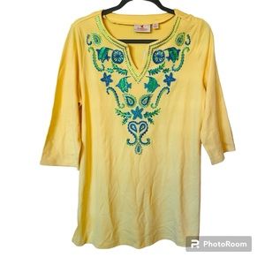 NWT Quaker Factory Nautical Yellow Fish & Starfish Sequin Top E1
